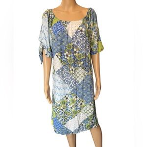 NY Invasion Y2K Plus Size Blue Green Hippie Boho Floral Patchwork Mini Dress